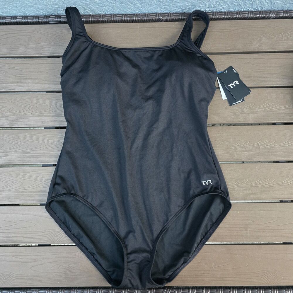 TYR Women's Durafast Solid Black Scoop Neck Controlfit 1 Piece Swim Sz 14 New